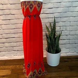 Red Orange - Strapless Patterned Maxi Dress